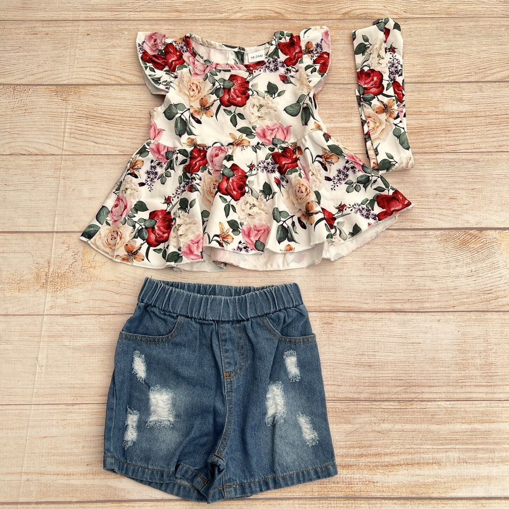 3PCS Toddler Baby Girl Clothes flower T Shirt Tops Shorts Outfits Set 18-24M